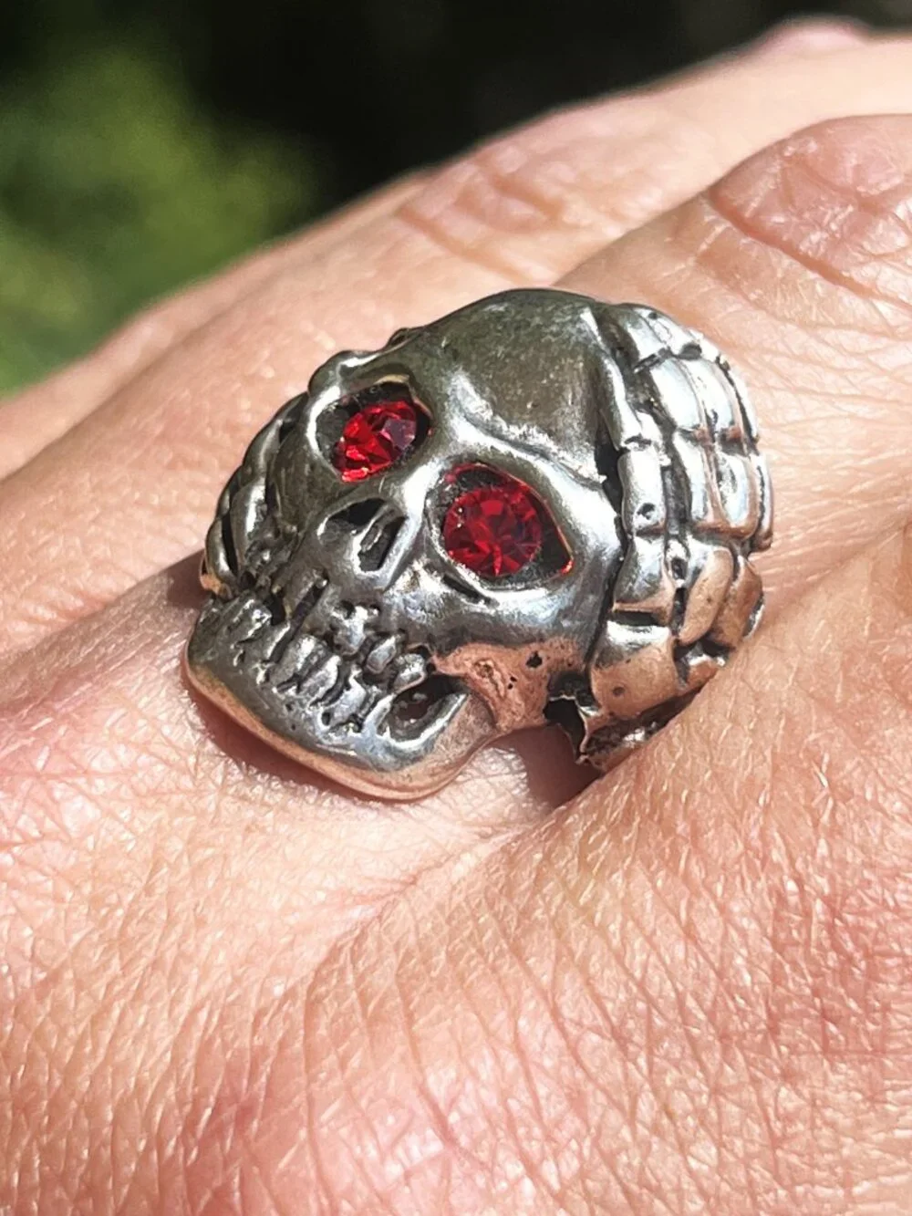 925 Silver Men's Gothic Skull Ring w/ Red Crystal Eyes & Skeleton Hands - Sz. 12